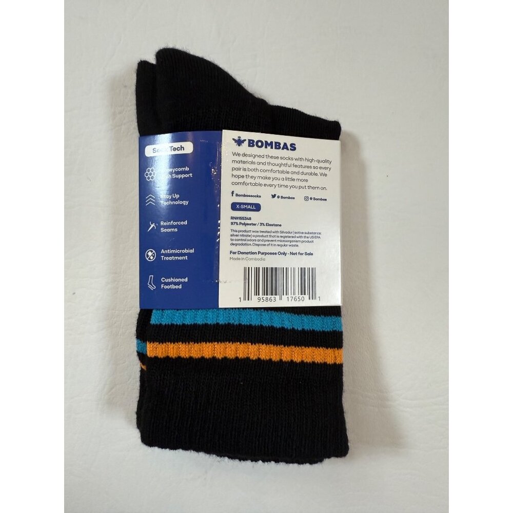 Bombas Kids Black Socks X-Small W/ Orange & Blue Stripes Antimicrobial Polyester - Picture 2 of 2
